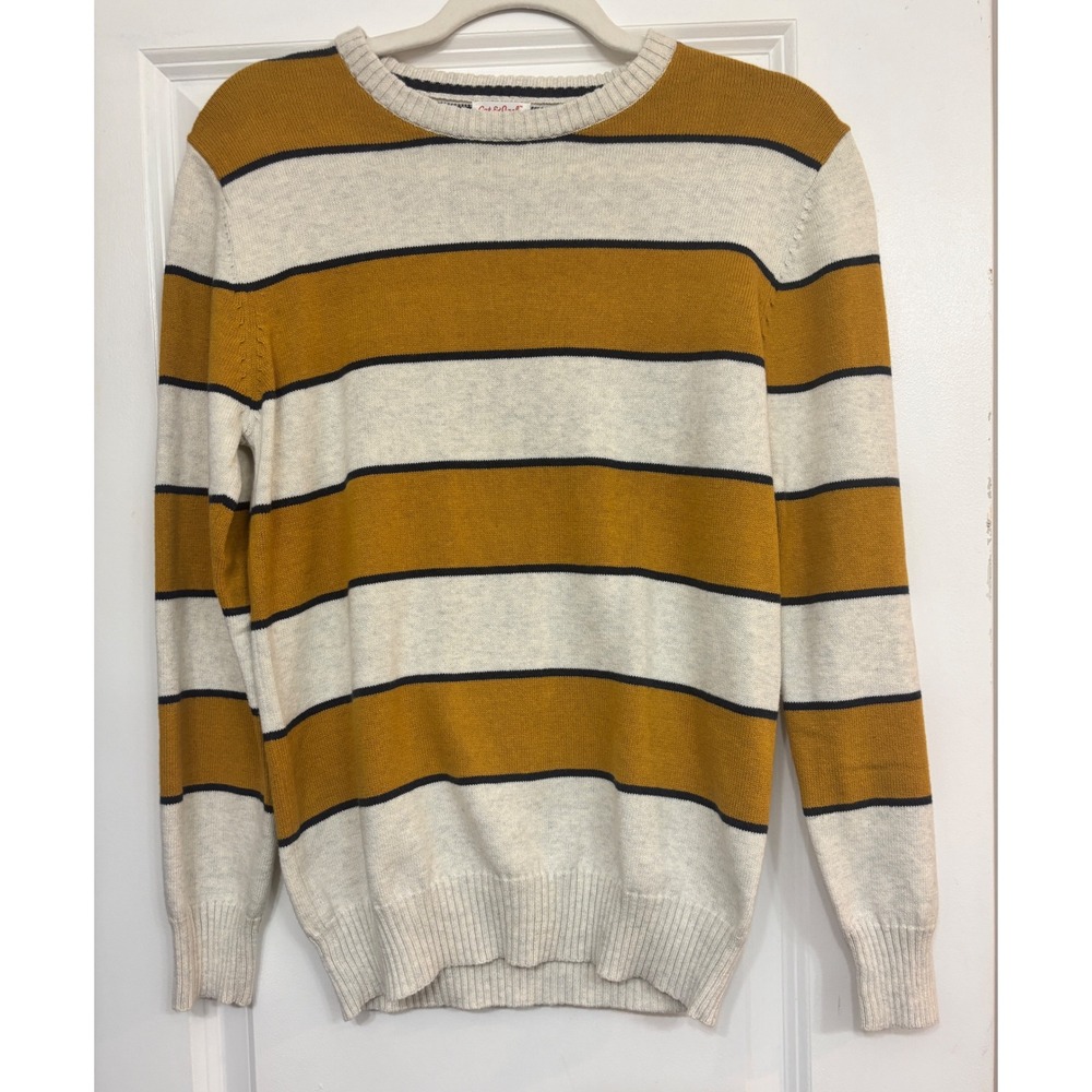 Cat & Jack Boys Large 12/14 Striped Cotton Sweater Mustard Yellow Cream Navy